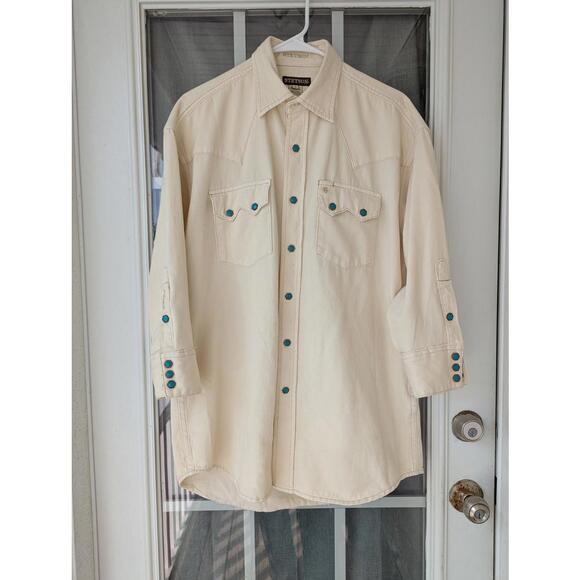 Stetson Men's M Turquoise Hex Snap Western Denim 3/4 Sleeve Cowboy Ranch Shirt - Picture 2 of 9